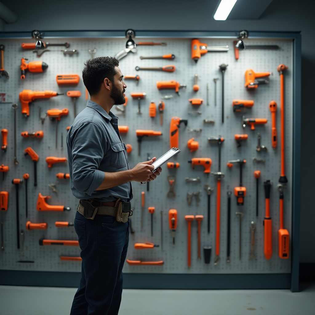 Organized tool wall with shadow boards as part of a 5S workplace setup
