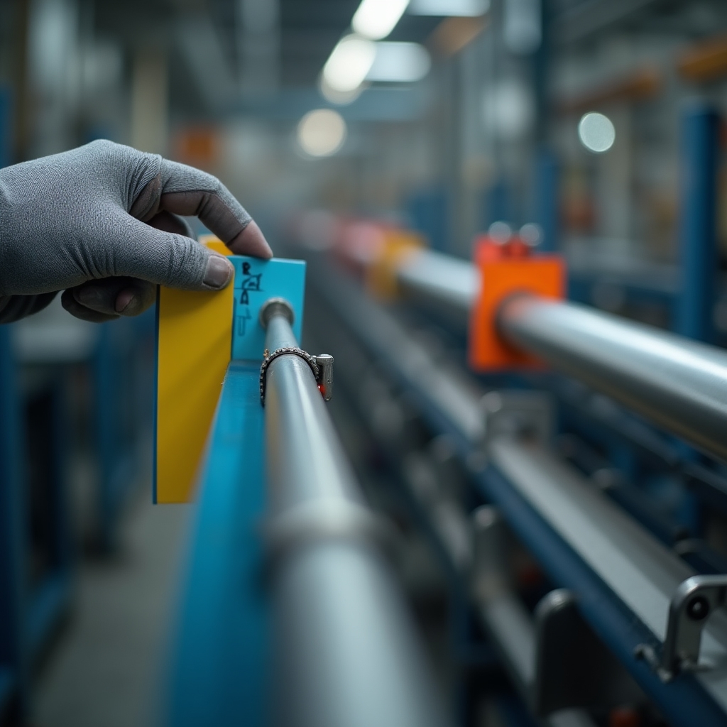 Physical Kanban cards clipped to a metal rail beside a production line