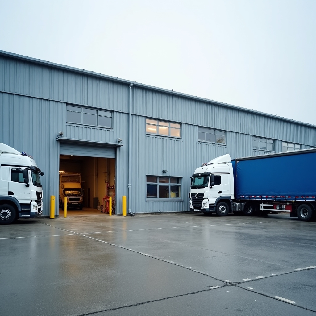 Exterior of a mid-sized manufacturing facility with loading dock and parked delivery trucks