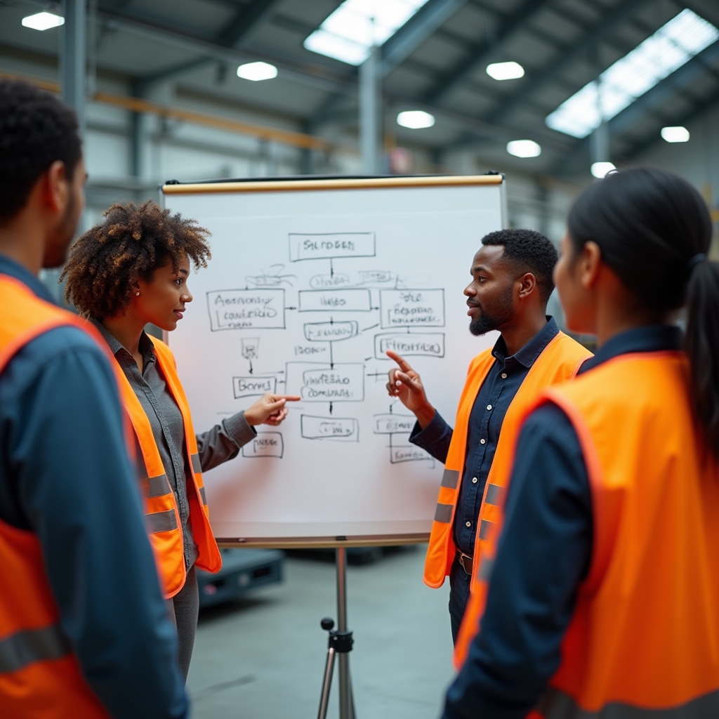 Small group of production workers discussing a process diagram during a workshop