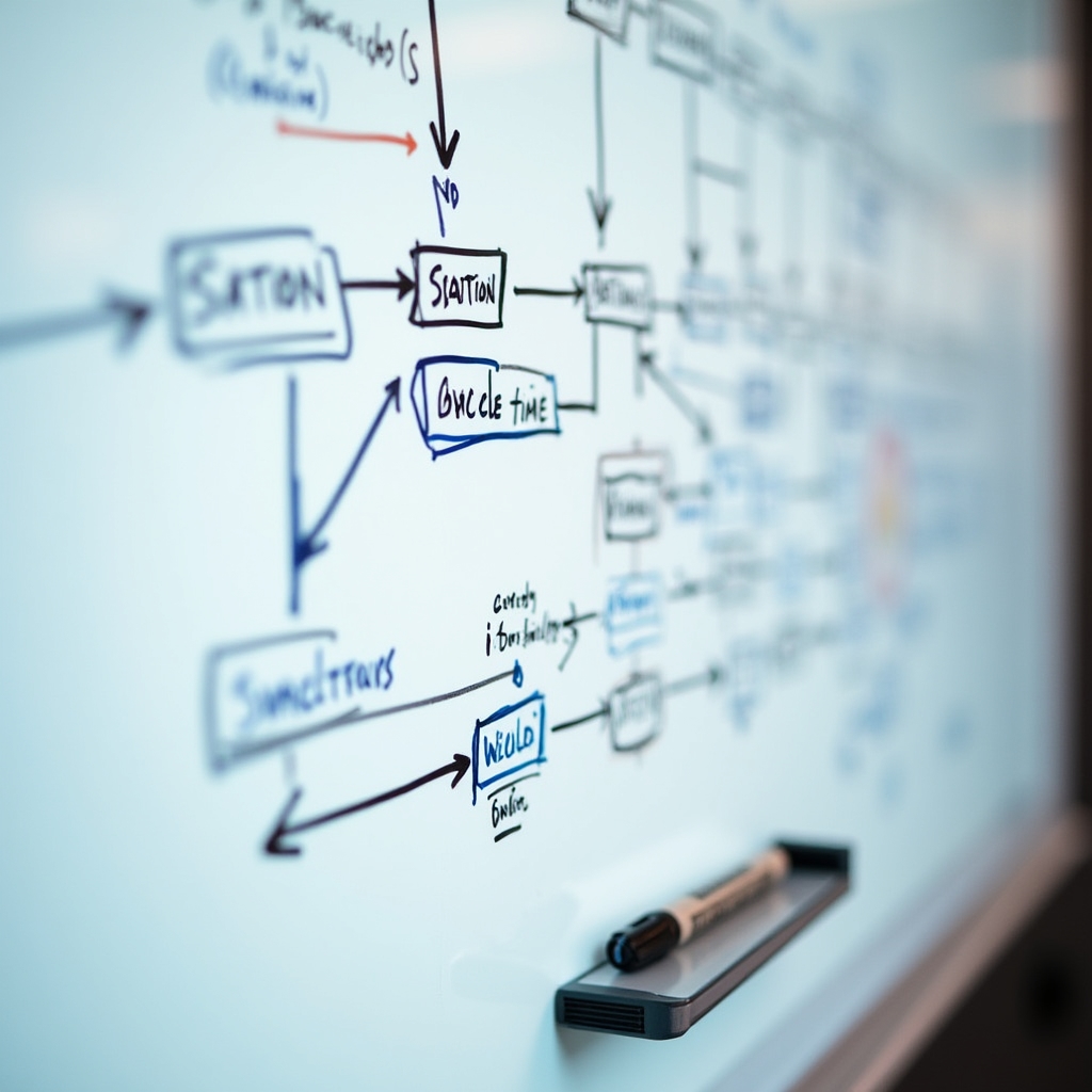 Close-up of a hand-drawn process diagram with boxes and arrows on a whiteboard
