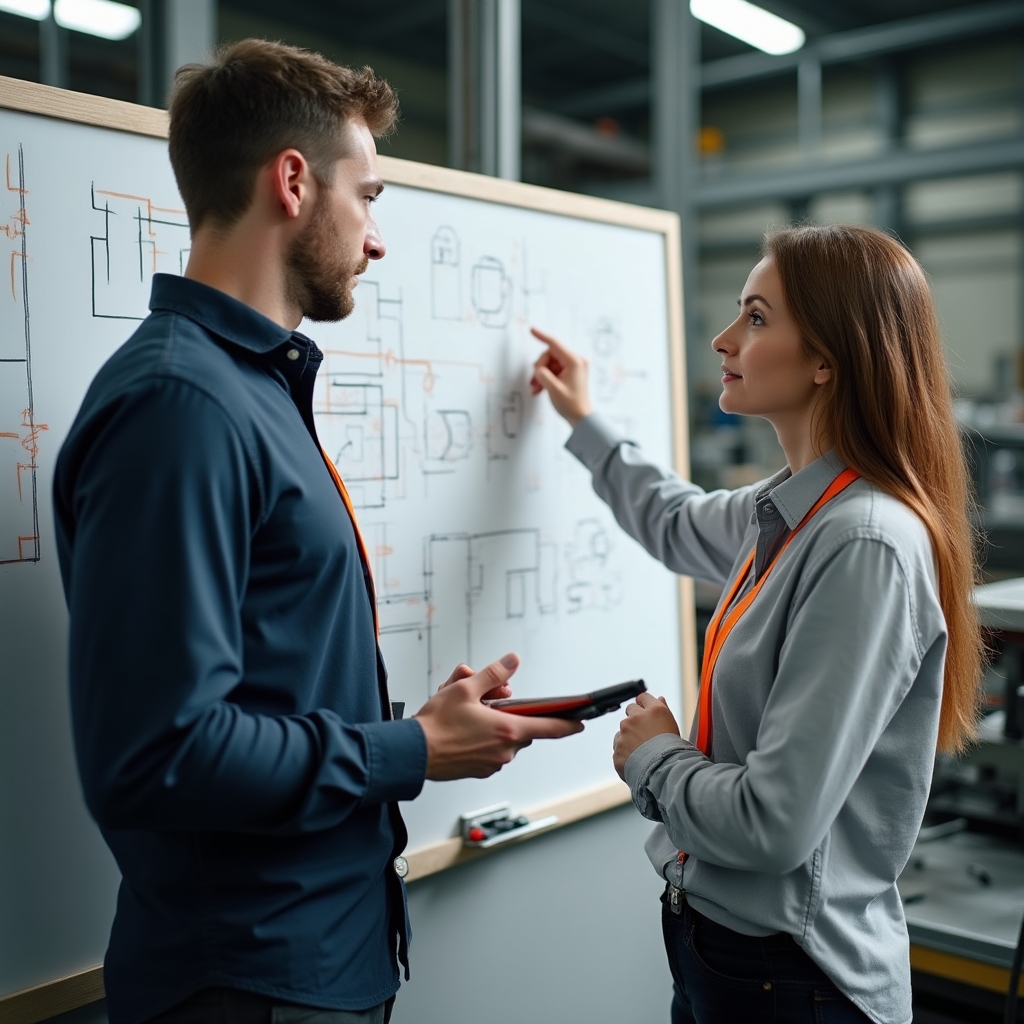 Trainer and factory supervisor mapping a production workflow on a whiteboard